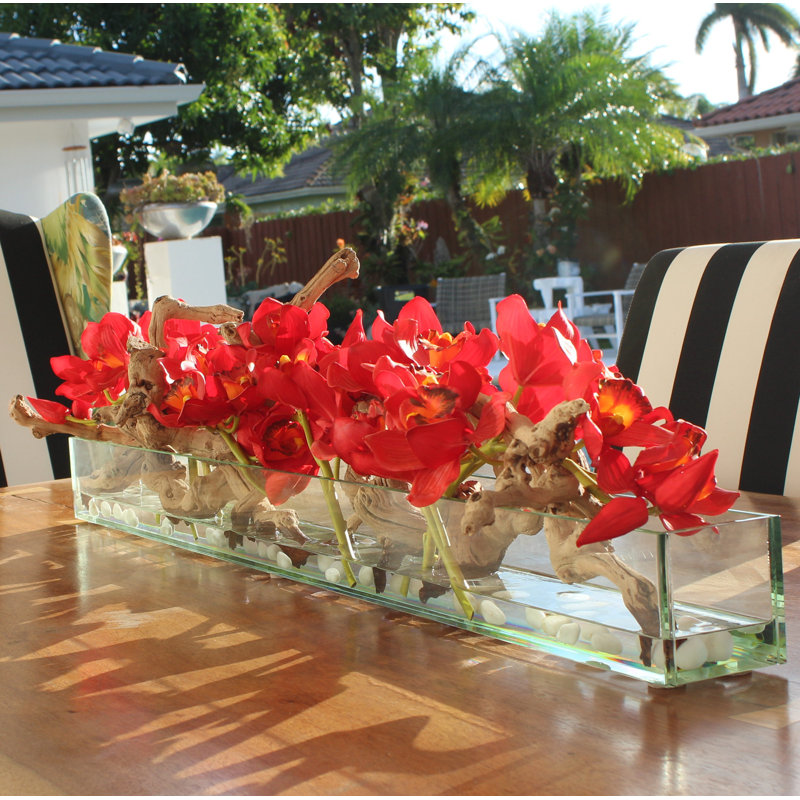 Driftwood Cymbidium Orchids Centerpiece in Glass Planter, 16" H x 48" W x 4" D, Red
