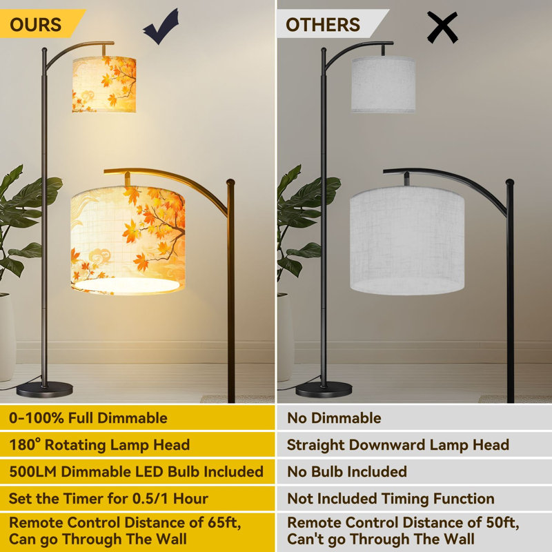 Arc Floor Lamp Maple leaves autumn season Natural plants Floor Lamps with Remote LED Lights Adjustable Lamp Shades Tall Standing Lamps for Reading Office Living Room