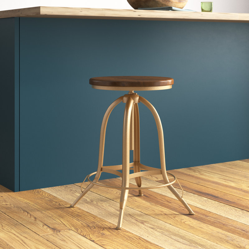 Rustic Gold 15" Adjustable Swivel Barstool with Solid Wood Seat, Gold, Elm