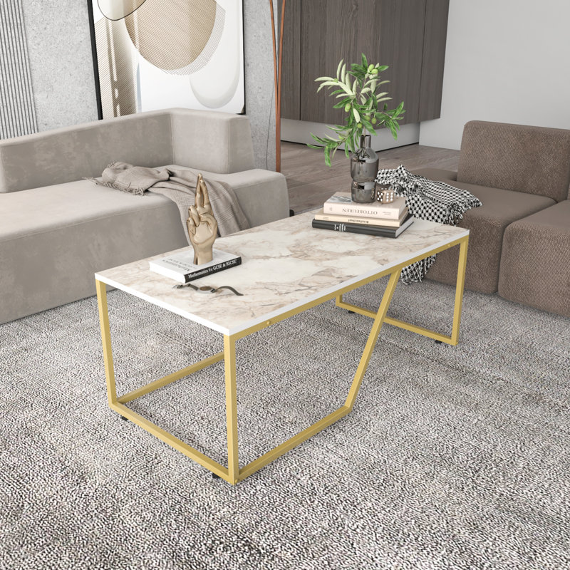 Avawatz 120cm W Rectangular Coffee Table, White Top/Gold Base