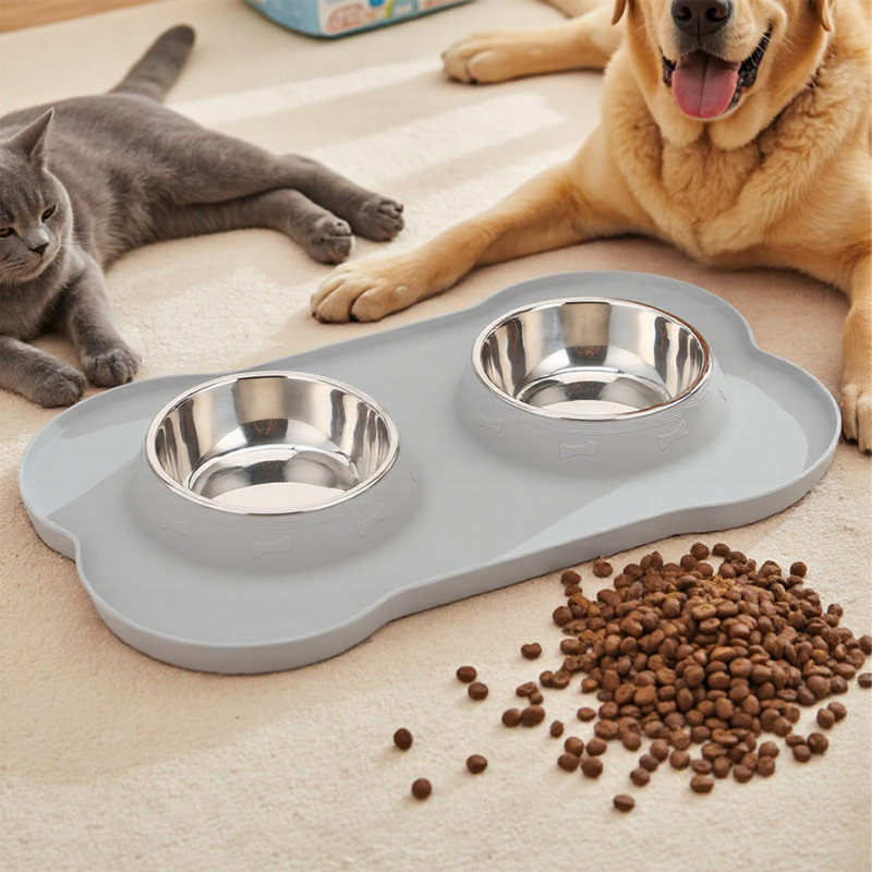 Double-bowl Pet Feeder with Non-slip Silicone Mat