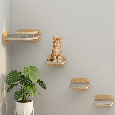 Corner-Mounted Cat Wall Furniture with 3 Wide Steps, Includes Cozy Cat Bed Perch, Modern Floating Stairs for Indoor Cats up to 22 lbs, Wood Finish