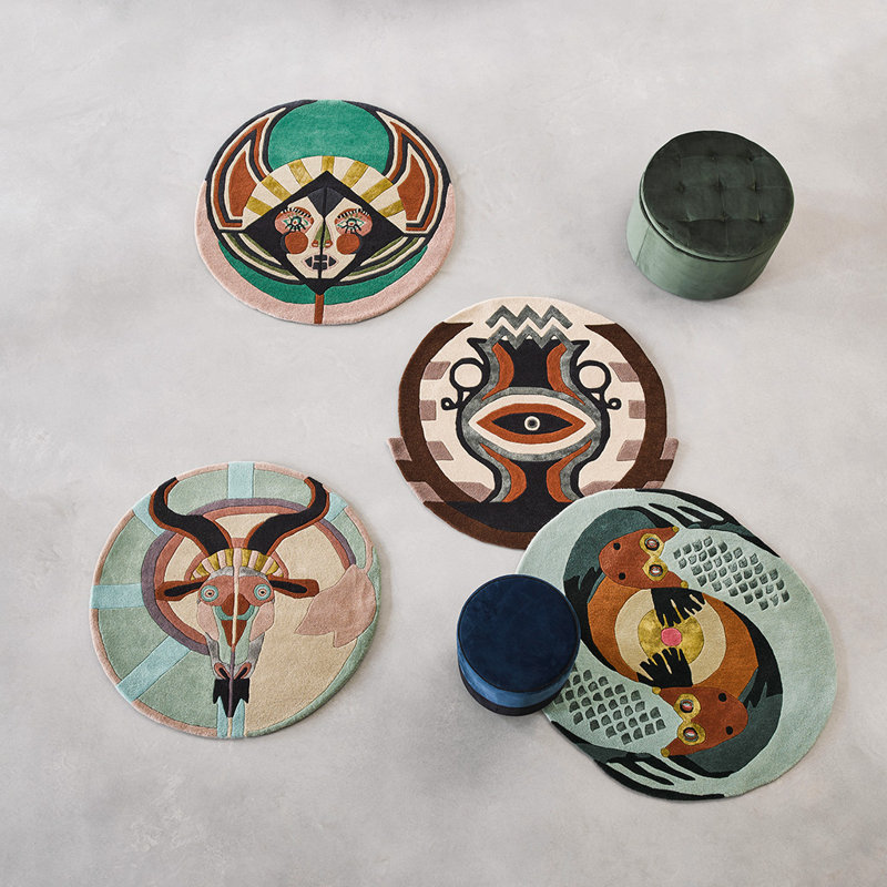 Wool Abstract Area Rug in Green/Orange/Black, Round 6'7"