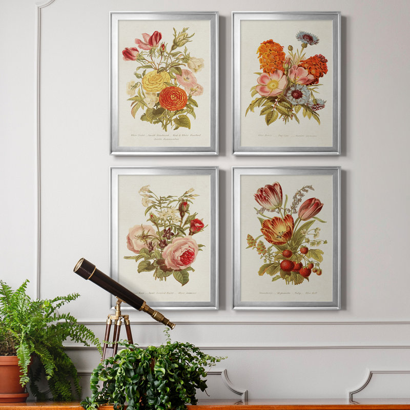 Antique Floral Bouquet I, toile de qualité supérieure - prête à être accrochée, H 24,5 po x l 74 po x P 1 po, Cadre argenté