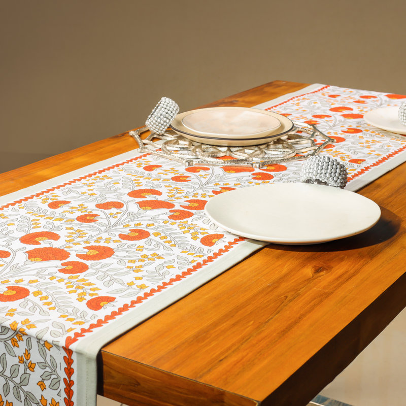 Scarlet & Slate: Floral Block Print Cotton Table Runner, Red/Grey