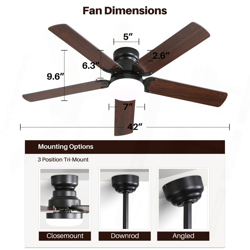 Ventilateur de plafond à profil bas de 42 pouces avec 5 pales et commande silencieuse réversible de moteur à courant continu avec lumière DEL