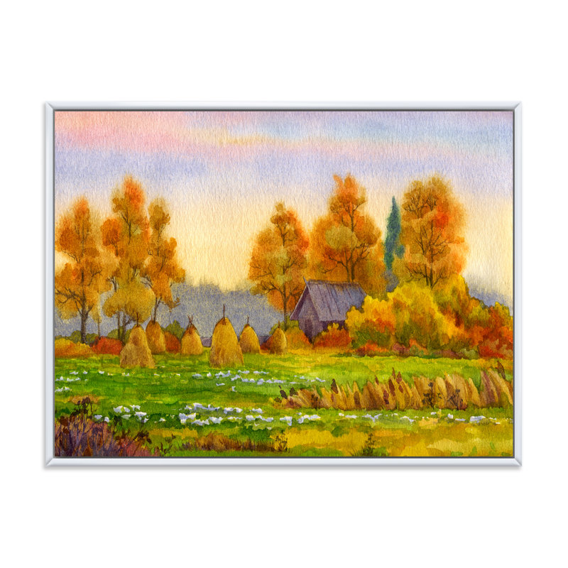 Haystacks on Orange Fields I - Peinture sur toile, H 12 po x l 20 po x p 1 po, Toile blanche encadrée