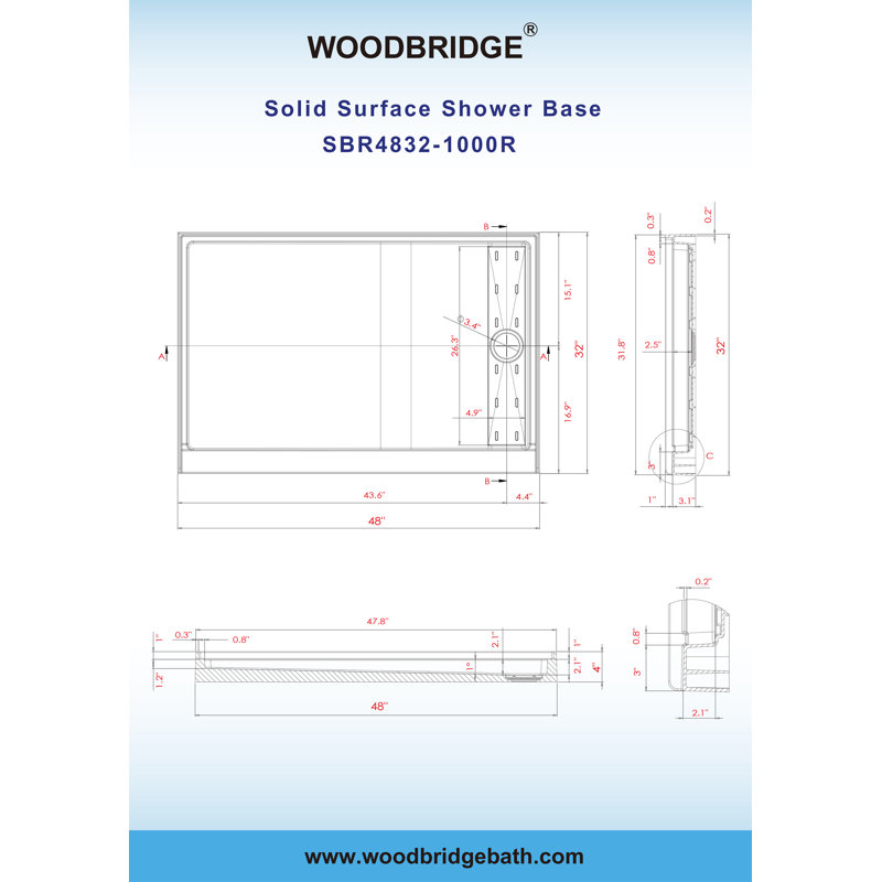 48" W x 32" D Solid Surface Single Threshold Shower Pan Base with Drain Assembly & Drain Cover Included, Non-Slip, Center