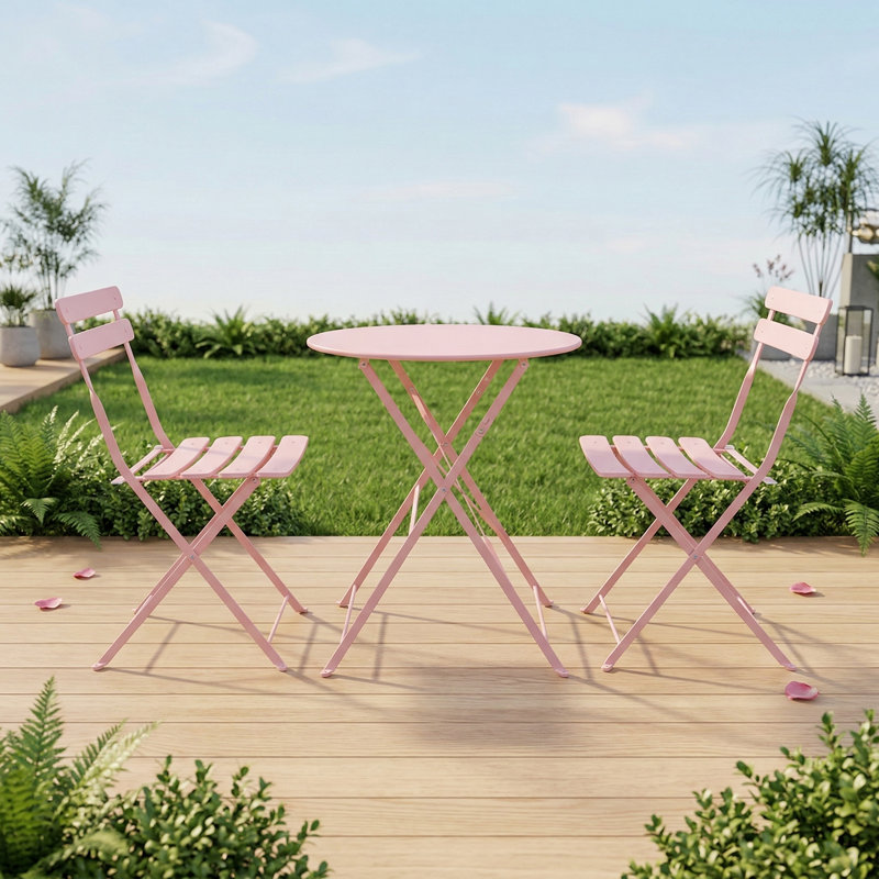 Three-Piece Patio Bistro Set Consisting of Metal Chairs and a Table - Pink Finish