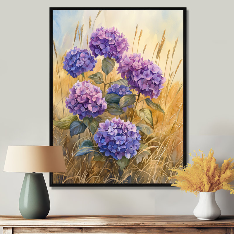 «Hydrangeas In A Golden Field II - Hydrangea», reproduction sur toile, Noir, Reproduction avec cadre flottant