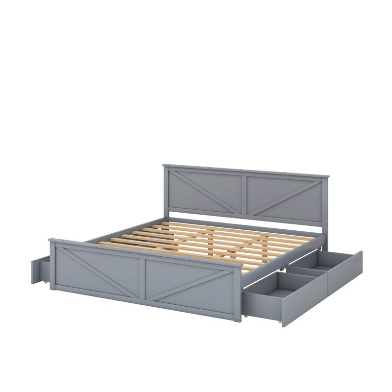 Grand lit plateforme en bois avec 4 tiroirs, Gris, Très grand lit