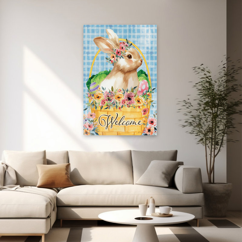 Panier de lapin de Pâques - Art moderne couronne de lapin dans un panier de fleurs, H 60 po x l 40 po