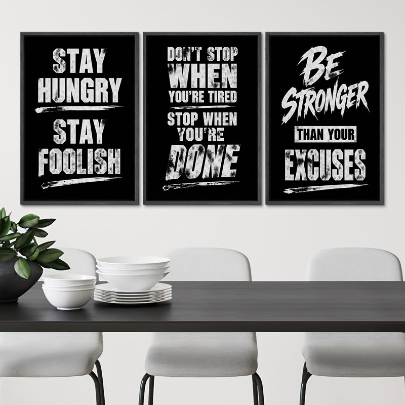 «Black and White Workout», typographie audacieuse, impression de décoration murale encadrée sur toile, impression sur toile 3 pièces