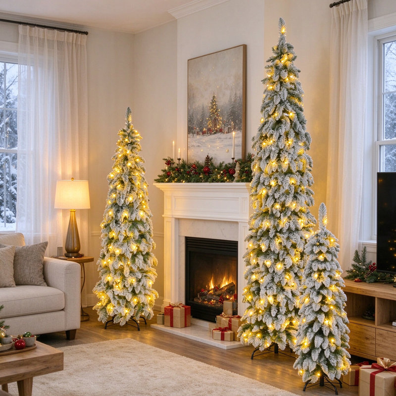 Ensemble de 3 sapins de Noël artificiels floqués et pré-illuminés – Sapins fins de 1,20 m, 1,80 m et 2,40 m avec 520 lumières DEL bicolores, 11 modes d'éclairage, 1455 extrémités de branches – Décoration de Noël floquée neigeuse peu encombrante pour les petits espaces, l'entrée et les réceptions de fin d'année
