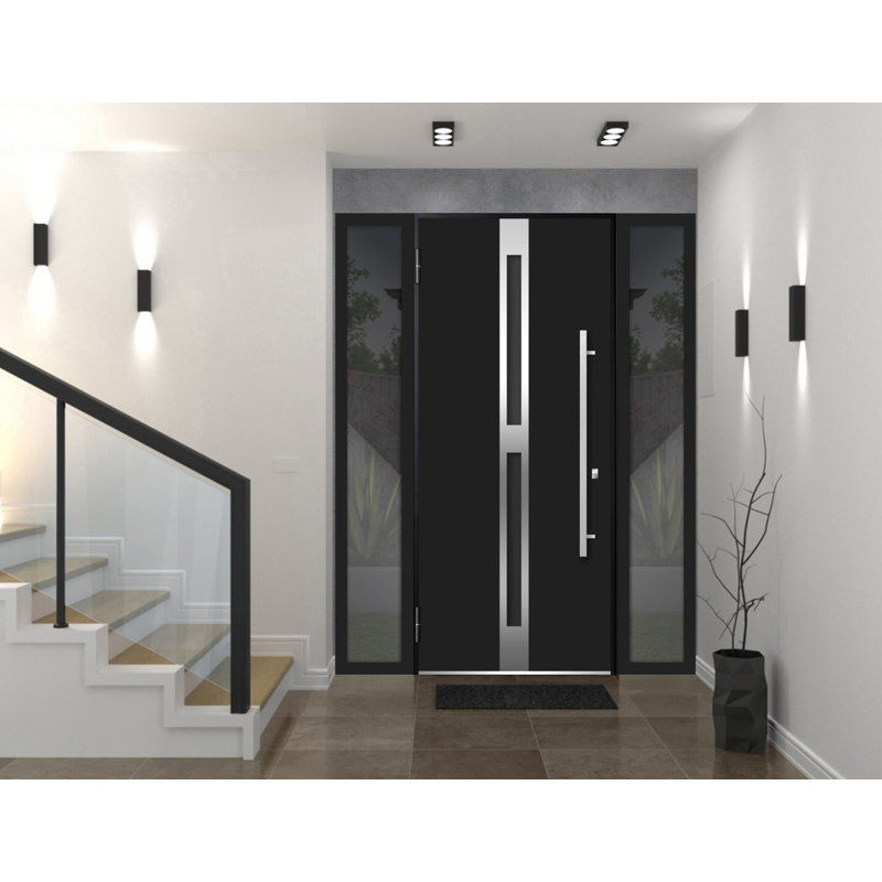 Porte avant en acier pré-suspendue à l'avant / deux en émail noir 1755/2 fenêtres extérieures latérales / inserts en acier inoxydable simples peints modernes - l 12 + 36 + 12 po x H 80 po - À droite