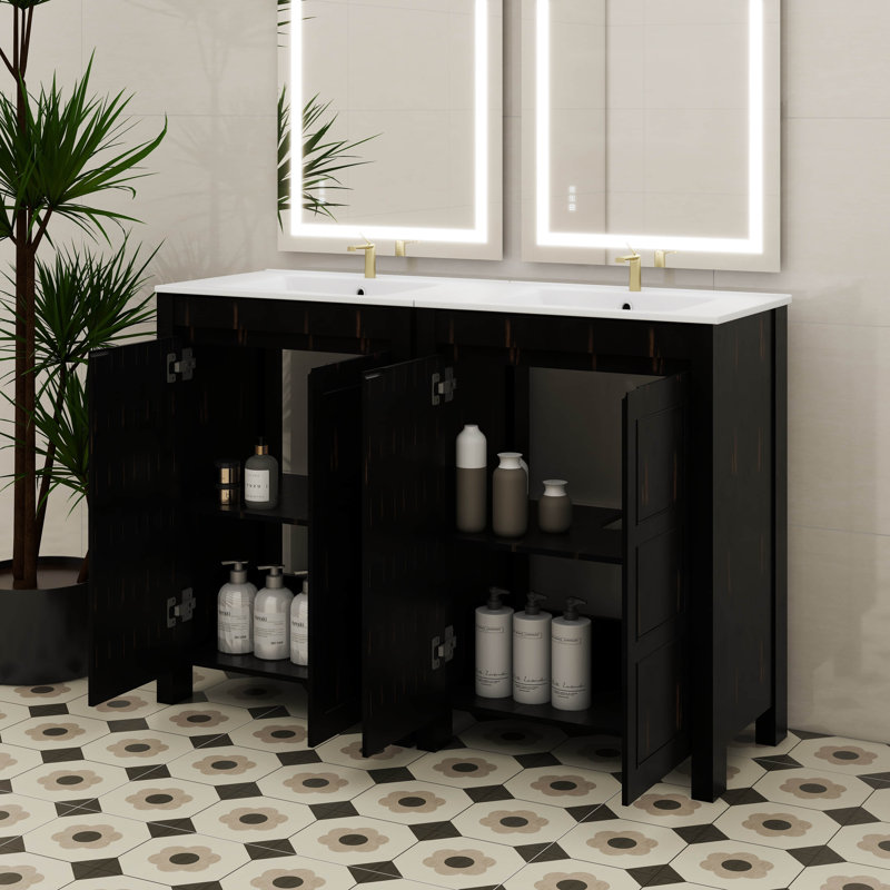 Ensemble de meuble-lavabo de 48 pouces de style rétro avec deux lavabos doubles en céramique séparés