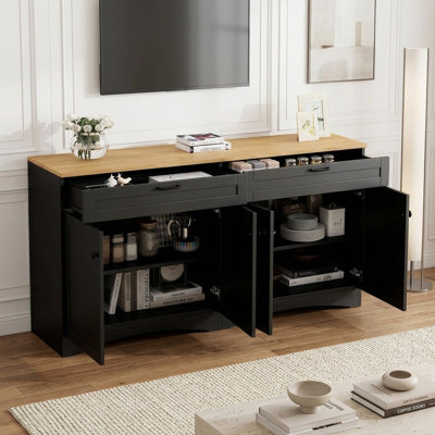 Meuble télé autoportant de style ferme de 70 pouces avec 2 tiroirs, tablettes ajustables et plateau en bois.