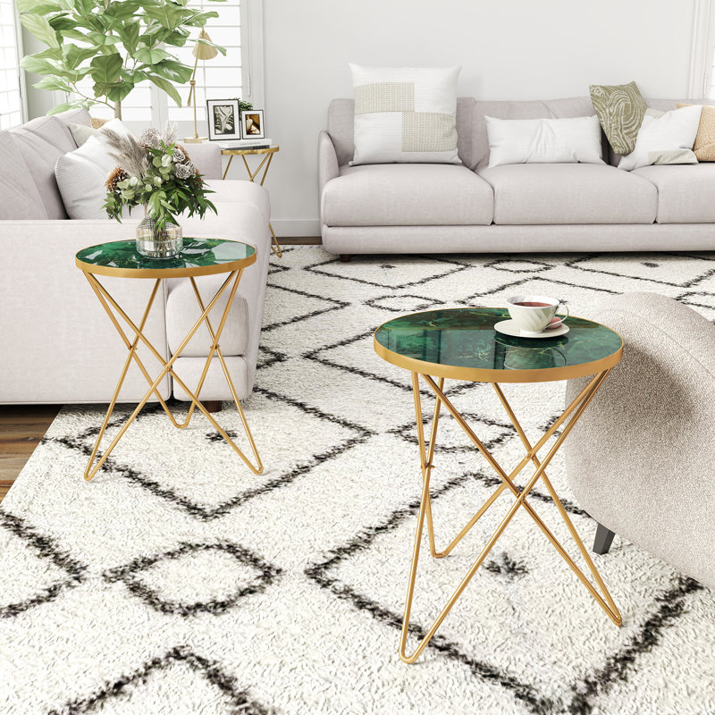 Modern Faux Marble Top Round End Table For Living Room, Bedroom, or Office, Green