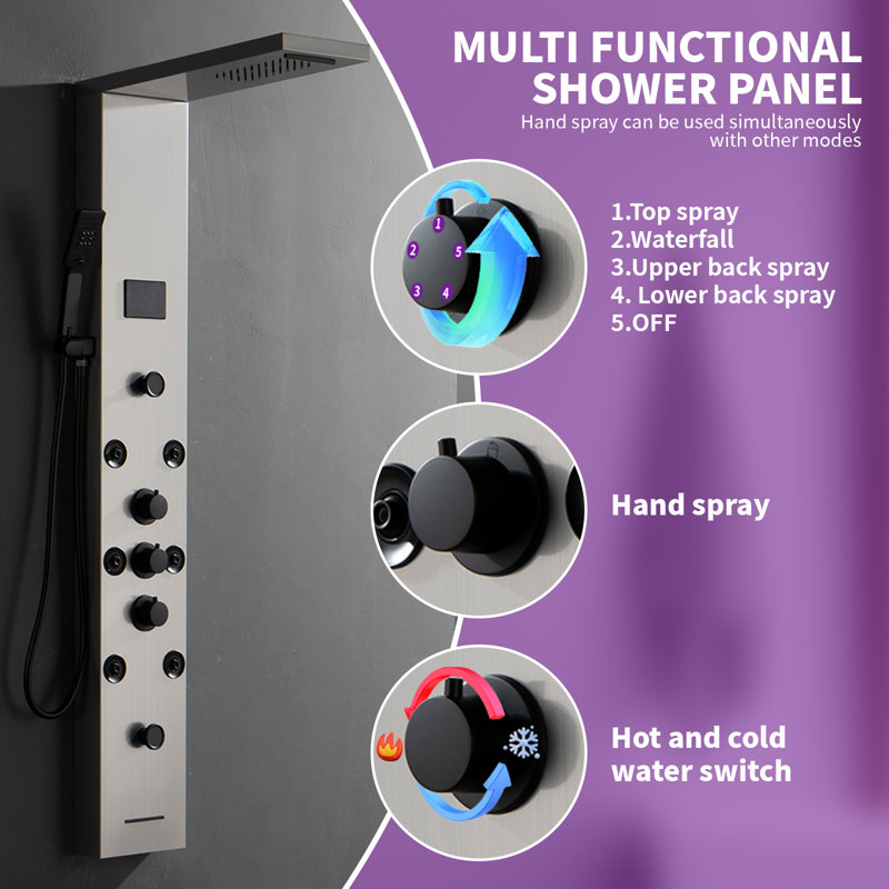 Black Nickel 5-Jet Rainfall Shower Panel System with Handheld Shower