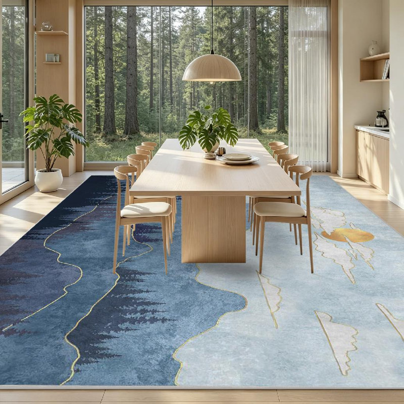 Tapis d'intérieur bleu à motif de montagnes silhouettes lavables à la machine, Rectangle 79 po x 118 po