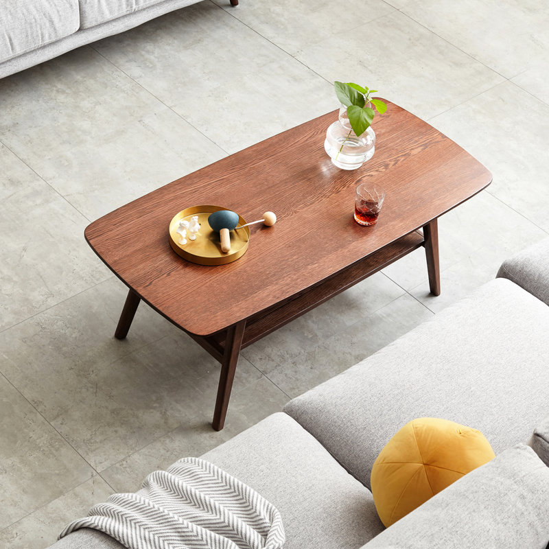 Table basse 100% bois de chêne - rectangulaire avec rangement, facile à assembler, bureau en noyer pour tablettes de salon, brun