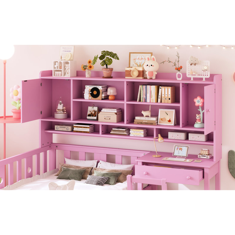 Lit simple multifonctionnel avec bureau pratique, chaise gracieuse et bibliothèque de tête de lit, rose adaptable, Rose