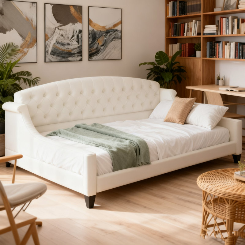 Beige Twin Modern Luxury Tufted Button Daybed