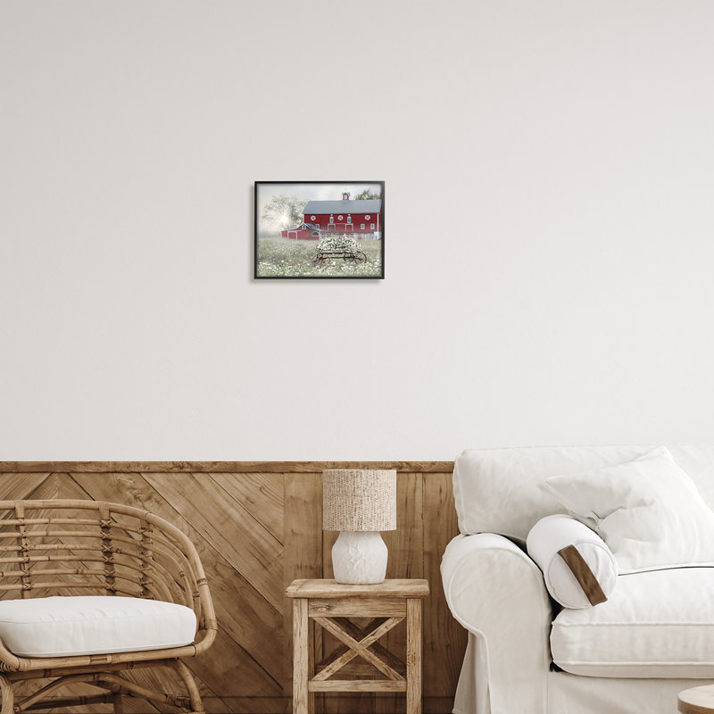 " Red Barn Floral Wagon Meadow " by Lori Deiter, Midnight Black Framed Giclee, 14" W x 11" H x 1.5" D