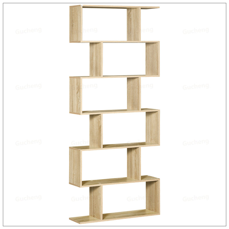 S-Shaped 6 Shelf Wooden Bookcase With Unique Design For Modern Home And Office Storage