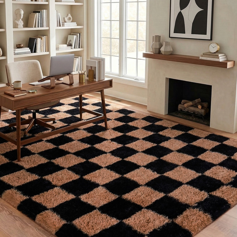 Plush Checkered Shag Area Rug - Soft Fluffy Black & Brown Grid Fleece Carpet for Living Room, Bedroom, Dry-Clean Only, High-Pile Shaggy Rug with Modern Checkerboard Pattern, Cozy Non-Slip Floor Decor for Contemporary Home Spaces