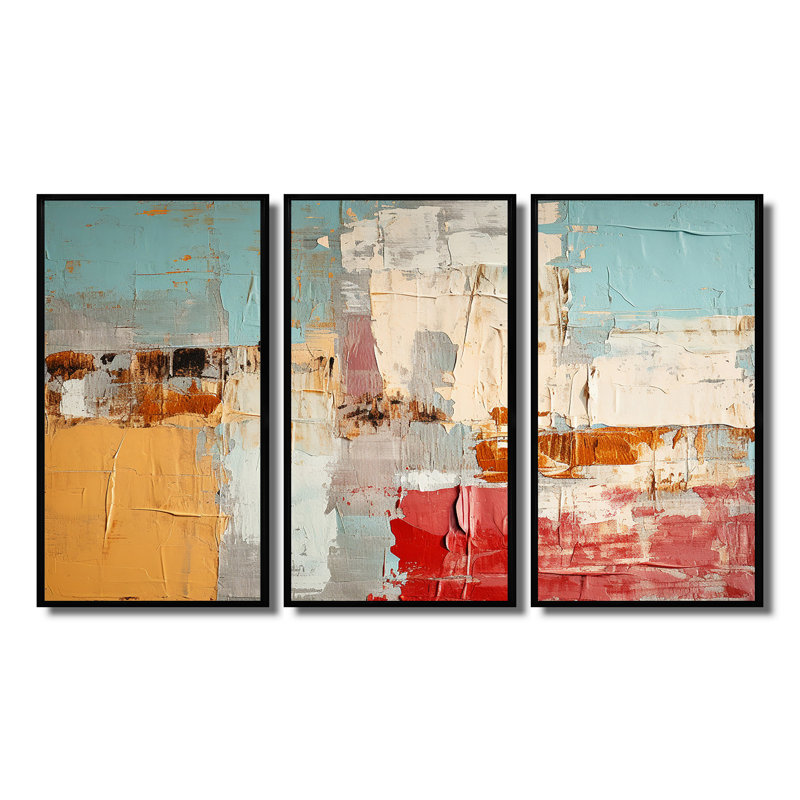 Nostalgie en bleu, rouge, orange, ensemble d'art mural abstrait, H 28 po x l 36 po x P 1 po, Cadre flottant noir