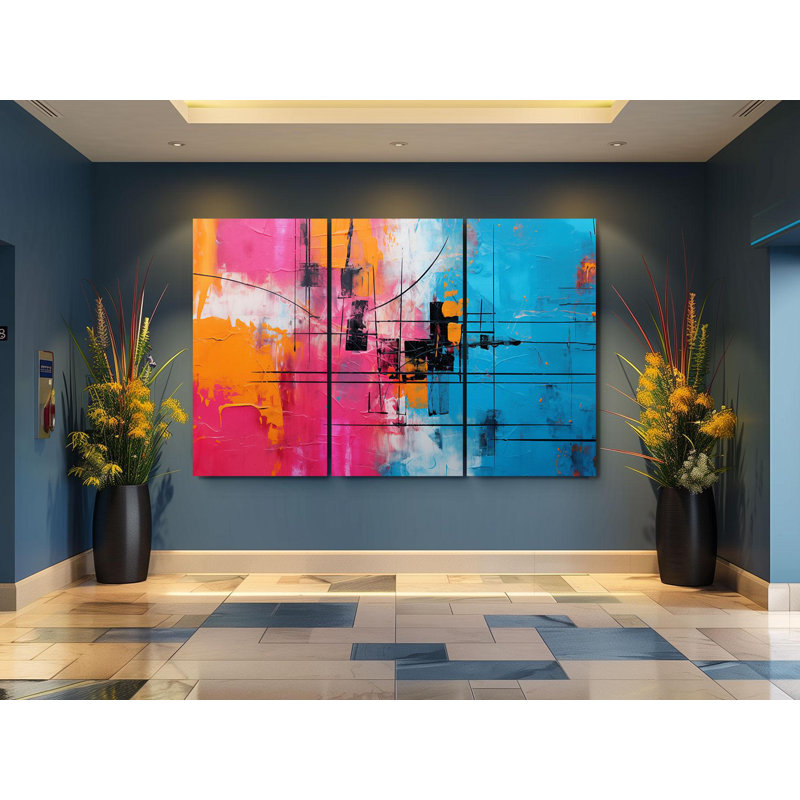 «Triptych», art mural sur toile - Triptyque géométrique rouge, jaune et noir - ensemble de toiles abstraites modernes pour les amateurs de décoration et d'art audacieux, reproduction de peinture