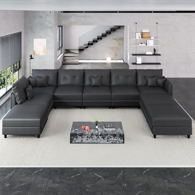 Zendajas 9 - Piece Upholstered Sectional Reversible Modular Corner Sectional with Ottoman, Black Faux Leather