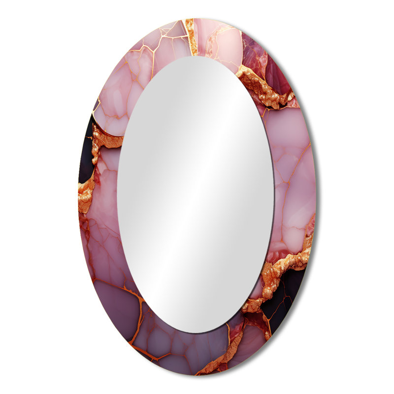 Gold And Pink Marble Essence I - Pink Modern Oval Wall Mirror, 36" x 24"