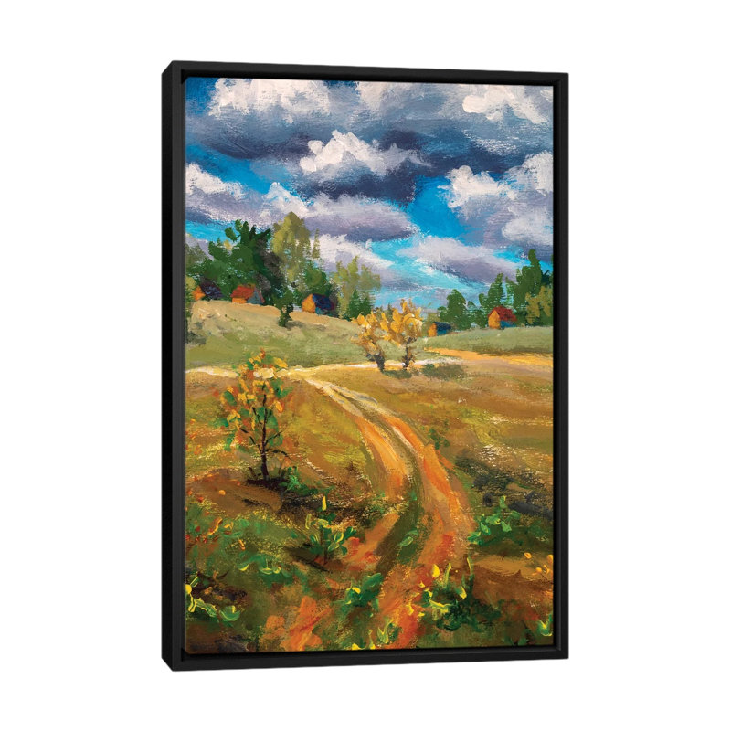 Spring Village Rural Farm Landscape by Valery Rybakow - Painting on Canvas, Black Floater Frame, 66.04 cm H x 45.72 cm W