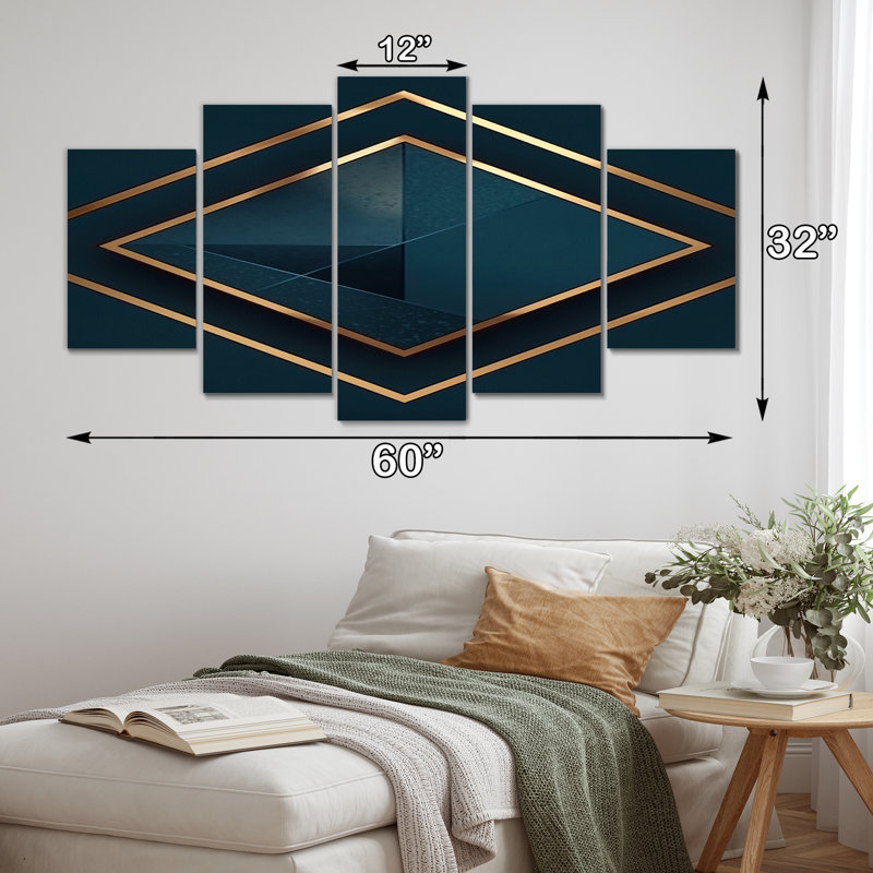 Géométrie rétro en bleu et or - reproduction sur toile géométrique moderne - 5 panneaux