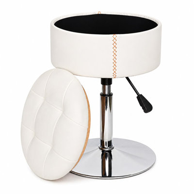 Adjustable Storage Vanity Stool With Flip-Over Wood Tray, 360° Swivel Vanity Chair With Storage, Small Round Makeup Stool For Vanity, White PU Leather