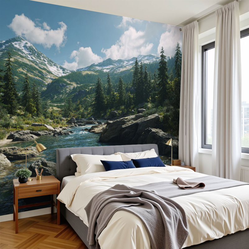 Papier peint adhésif peler et coller avec des pentes recouvertes de pin de rivière H 100 po x l 144 po, papier peint amovible en PVC autocollant pour chambre à coucher, bureau à domicile