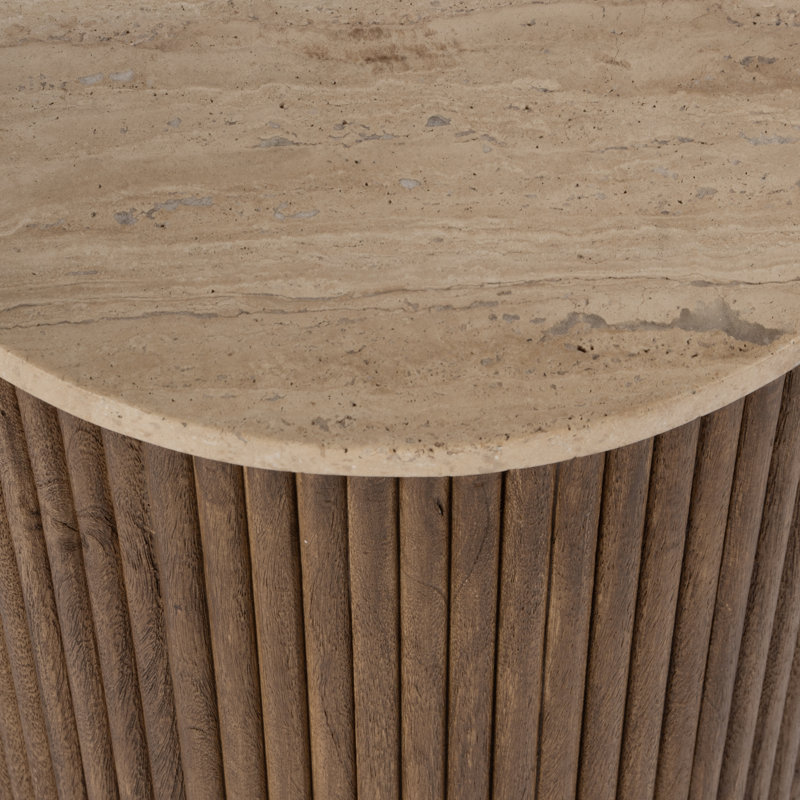 15 in. W Round Fluted Travertine and Wood Side Table