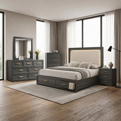 Liora Upholstered Platform Bedroom Set with LED Headboard, Footboard Storage, and Case Pieces