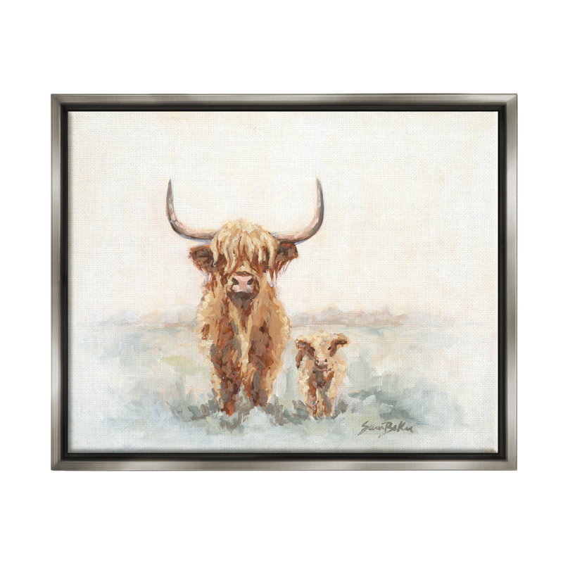 Art mural sur toile Highland Clever & Baby Calf, H 17 po x l 21 po x P 1,7 po, Cadre flottant gris lustré