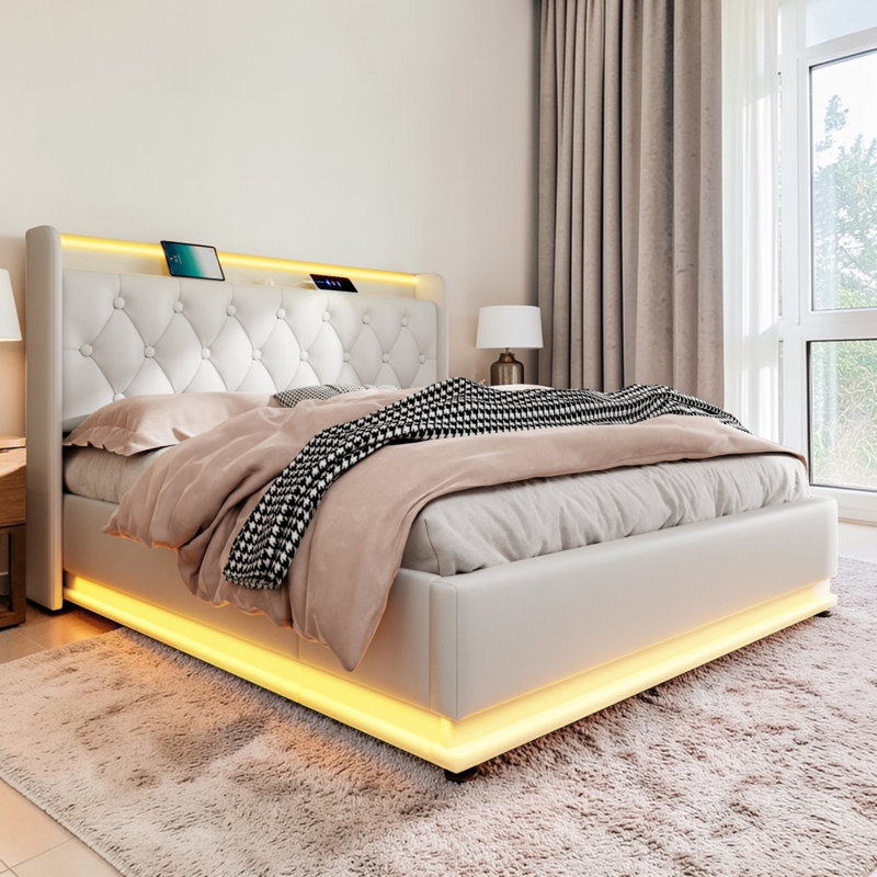 Upholstered 4Ft6 Ottoman Bed Frame With 360 Surround Led Function With Charging Function Hydraulic Storage Bed Frame With Large Storage Space  (No Mattress)