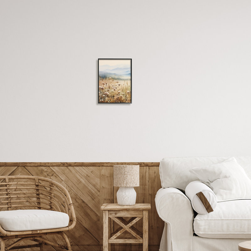 Bb-283 - Prairie encadrée avec montagnes brumeuses, peinture sur bois encadrée, Giclée encadrée noir minuit