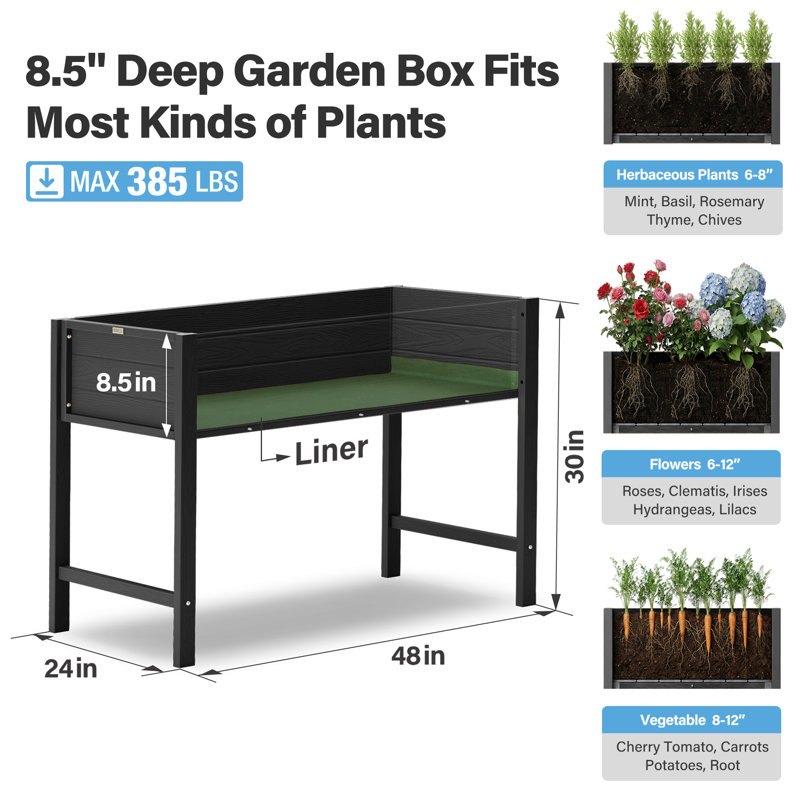 All-Weather HIPS Raised Garden Bed with Legs & Liner - 48x30x24 in Planter for Backyard Patio - Senior Gardeners to Plant Vegetables Flowers（Black）
