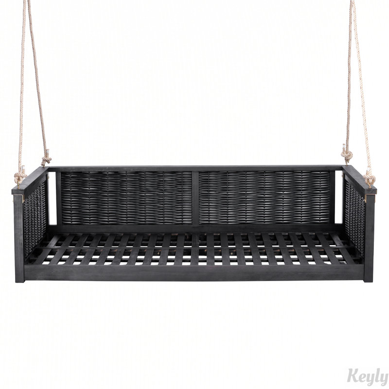 Lit balançoire double en bois massif d'extérieur classique, cadre de balançoire en rotin de jardin avec longues cordes pour la piscine, la cour arrière