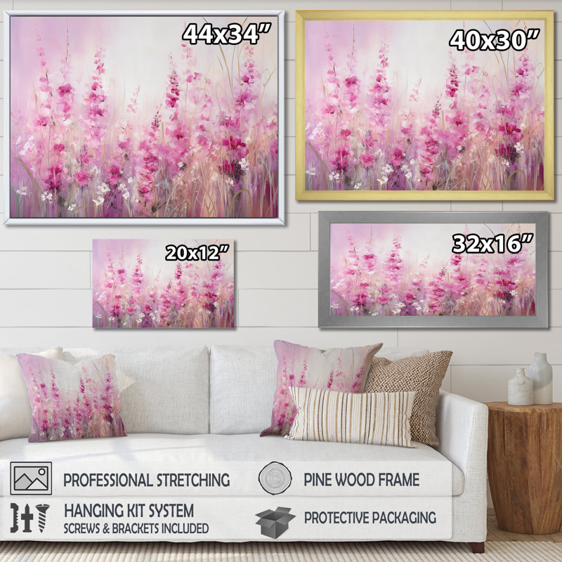 «Fuschia Country Charm Flowers» sur toile, Cadre flottant blanc, H 34 po x l 44 po x P 1,5 po