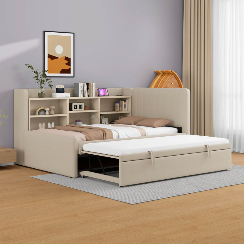 Lit plateforme tapissier simple avec port USB, prise de courant et lit gigogne, lit de jour avec tablettes, cadre de lit avec tête de lit et rangement