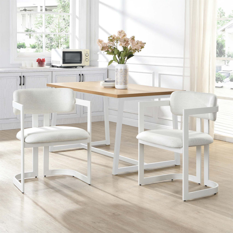 Ensemble de 2 chaises de salle à manger rembourrées, fauteuil en tissu avec assise beige et structure en métal blanc, capacité de poids de 265 lb