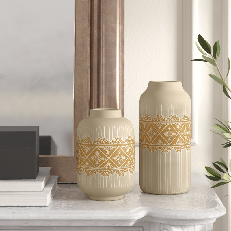 Arshpreet Gwenevere Set Of 2 Beige/Orange Ceramic Boho Style Vase