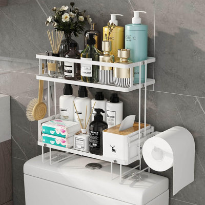 Organisateur de salle de bain - Armoire de rangement au-dessus de la toilette, tablettes flottantes à 2 niveaux, tablette murale avec 2 crochets et support à papier, accessoires et décor sympas, cadeaux pour les femmes, fête des mères (blanc)